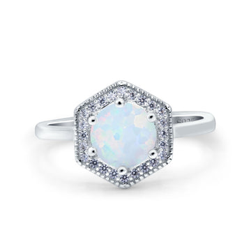 Art Deco Hexagon Shape Wedding Bridal Ring Round Lab Created White Opal 925 Sterling Silver